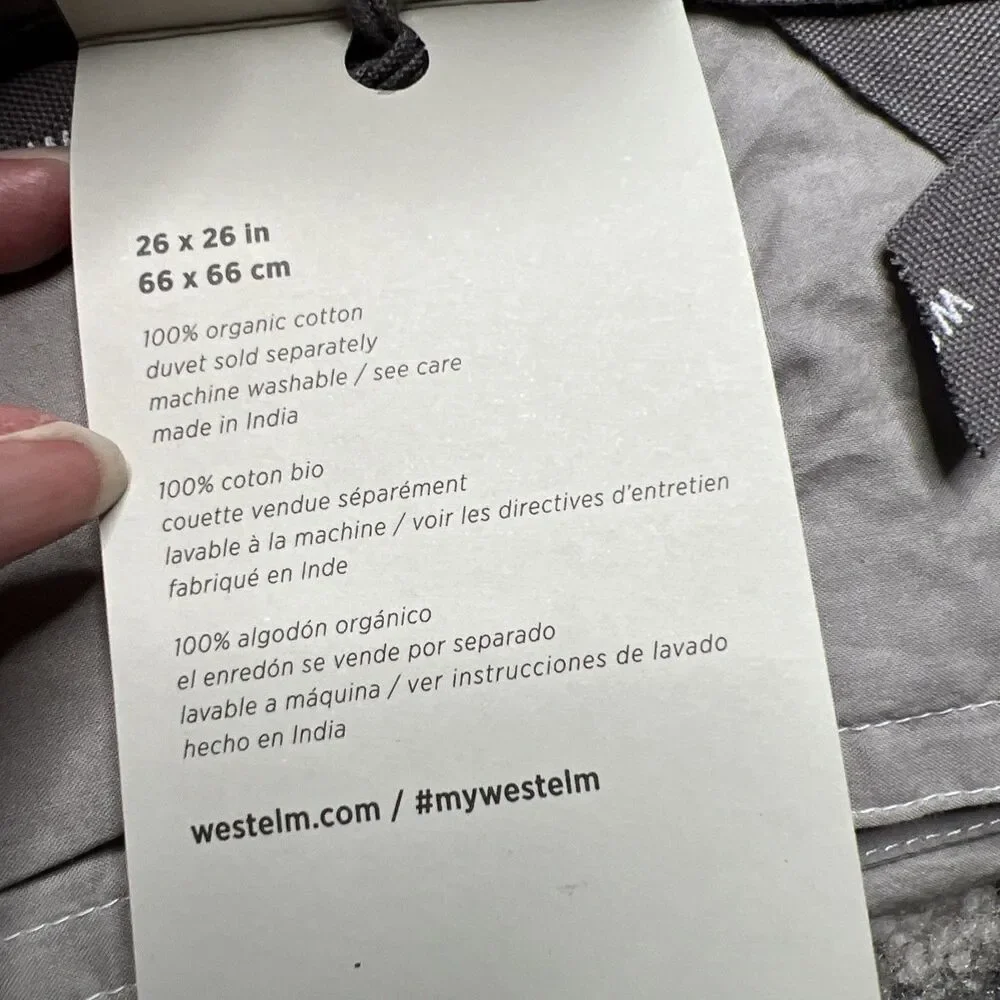 West Elm NWT ORGANIC Washed Cotton EURO Pillow Sham Gray / White Stitch